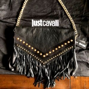 Just Cavalli 100% Leather Black Fringes Decorated Women's Shoulder Bag
